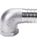 Stainless Steel 304 One Inch Hose Barb to Three Quarter Inch Female NPT 90 Degree Elbow Pipe Fitting for home brew hoses, side view