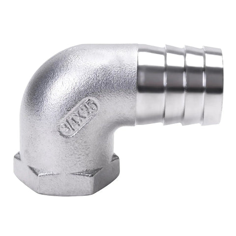 Stainless Steel 304 One Inch Hose Barb to Three Quarter Inch Female NPT 90 Degree Elbow Pipe Fitting for home brew hoses, side view