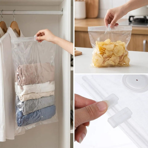 40 Pack Vacuum Storage Bag Sealing Clips With Sliding Grip shown sealing clothes and chips