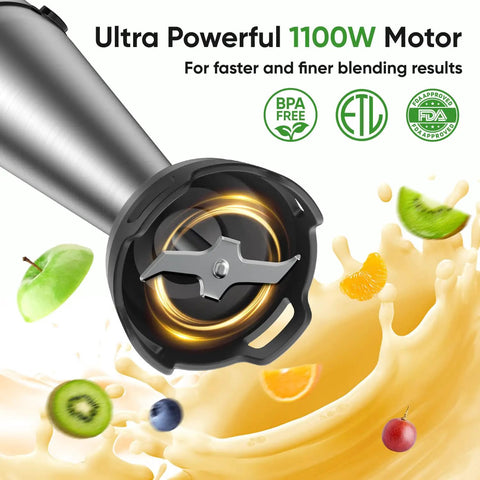 Powerful 1100W Immersion Hand Blender blade close-up blending fruits, showcasing BPA-free stainless steel design and UL certification.