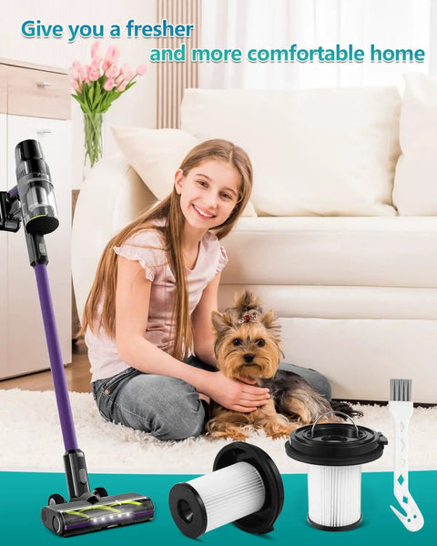 2 Pack Replacement Vacuum Filters For Cleanview XR Cordless Vacuum Cleaner 200W And Pet 300W Models Fits 3789U 3789X 3789 3797V 3797W 3797 1638010 No Fuss Install High Efficiency Filtration For Strong Suction And Longer Life, pleated HEPA filters and brush on white rug