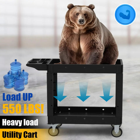 Heavy Duty Rolling Tool Cart With Deep Two Shelves 40 X 17 Inch Plastic Utility Cart On Wheels For Garage Shop And Warehouse 550 Lb Capacity Waterproof And Rustproof With Easy Clean Storage Organizer with bear image.