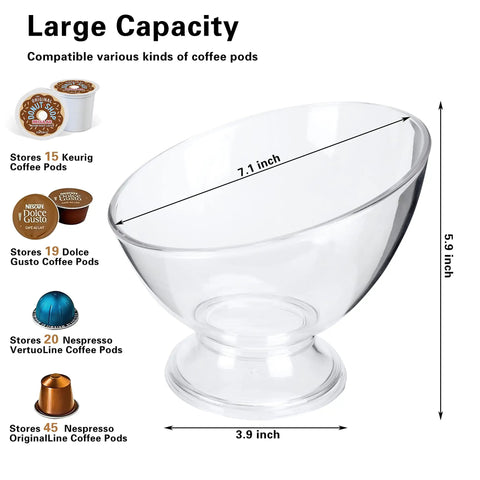 Clear Coffee Pod Holder For K Cups And Vertuo Capsules, large capacity dimensions and pod type compatibility chart