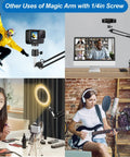 Various uses of magic arm for camera mounting, including skiing, video calls, makeup tutorials, and music recording.