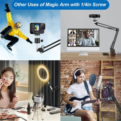 Various uses of magic arm for camera mounting, including skiing, video calls, makeup tutorials, and music recording.
