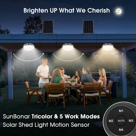 Outdoor dining with Solar Ceiling Lights With Motion Sensor 2 Pack 5 Modes 3200K 4000K 6000K Dimmable Daytime Solar Shed Lighting