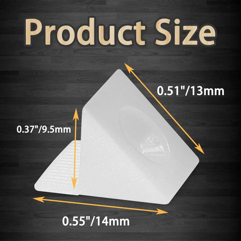 50 Pcs Drawer Repair Wedges And Screws Kit For Sagging Drawers Plastic Angle Fasteners showing size dimensions in mm and inches