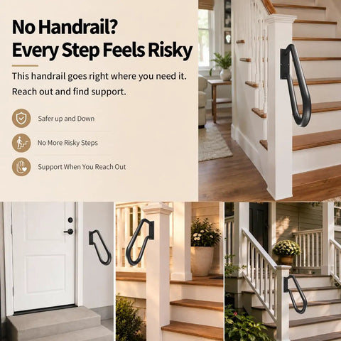 Rock Solid Heavy Duty Wall Mount Handrail For Outdoor Steps U Shaped Safety Railing Stair Handle Non Slip Metal Grip Built Tough As Nails For Garage Porch And Garden Rust Proof Black installed in a home setting.
