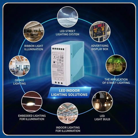 30W 5V DC DIN Rail Power Supply With 6A Output Wide Input 85 to 264 VAC Or 120 to 370 VDC Class I Division 2 Hazardous Location Auto Recovery Short Circuit Overcurrent and Overvoltage Protection For Rock Solid Global Installations, blue DIN rail PSU for LED lighting