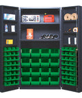Heavy Duty Grey Storage Cabinet With Sixty Four Green Bins, displaying organized bins and tools for efficient garage storage.
