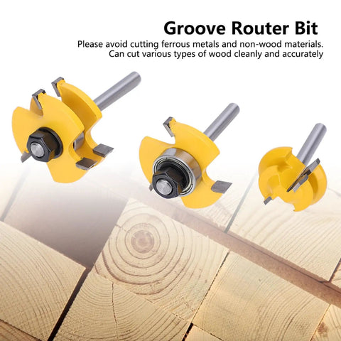 Fabater 45 Degree Stile Router Bit Set With T Shaped Geometry And Three Sharp Teeth For Clean Wood Slotting On MDF Plywood And Particle Board featuring yellow carbide bits against wooden background.