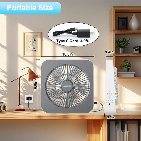 10 Inch Box Fan With 3 Speeds And 8 Hour Timer Quiet Square Window Fan, includes USB Type C cord, on a desk