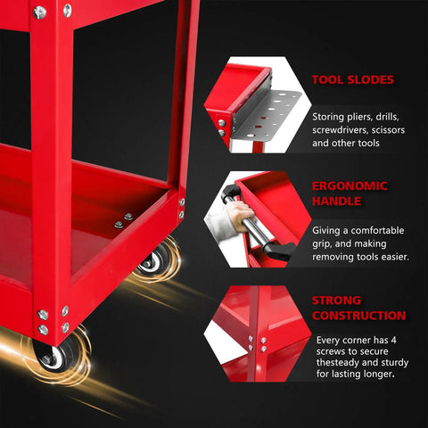 Updated 3 Tier Rolling Tool Cart With Wheels, Heavy Duty Steel Utility Cart showcasing ergonomic handle and strong construction details.