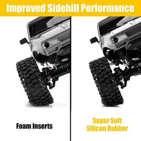 Comparison of foam vs super soft Silicone Rubber Inserts with S5 Rock Terrain Crawler Tires for TRX4M SCX24 RC crawlers.