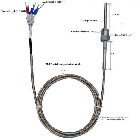 Waterproof 3 Wire RTD PT100 Sensor Probe With Stainless Steel Heavy Duty Construction For PID Controllers, NPT One Quarter Inch Pipe Thread, Insulated Shielded Lead Wire, From Minus Fifty To Five Hundred Celsius, Two Meter Cable
