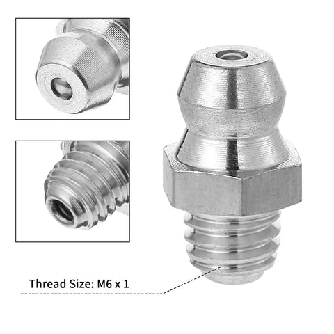 Six Pack Stainless Steel M6 X 1mm Straight Grease Fittings Zerk Nipples For Hydraulic Gear And Machinery Heavy Duty Metric Set