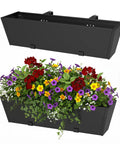 Tough As Nails Two Pack Metal Railing Planter Box 36 Inch Heavy Duty Rustproof Powder Coated Steel Flower Pot with flowers.