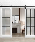 Sturdy Double Barn Door With Frosted Glass Sliding Kit For Interior, Black Rail Track System, Heavy Duty Hardware, 84 By 96 Inch