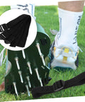 Close-up of lawn aerator shoes with 8 spike system and strong straps for grass aeration and healthier turf care.