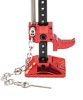 Close-up of RC Metal Sliding Jack Tool for One Tenth Scale RC Crawlers with Aluminum CNC Machined Jack showing adjustable height mechanism.