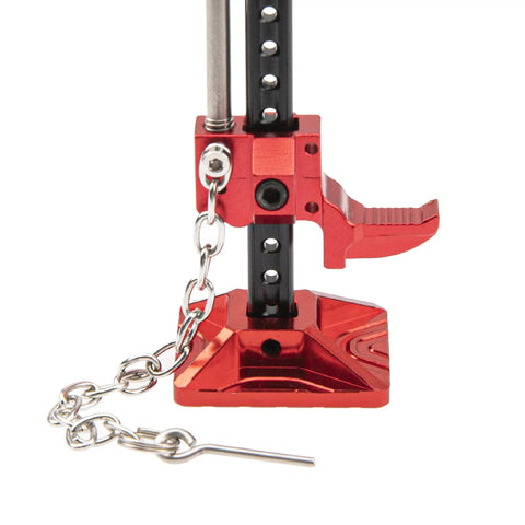 Close-up of RC Metal Sliding Jack Tool for One Tenth Scale RC Crawlers with Aluminum CNC Machined Jack showing adjustable height mechanism.