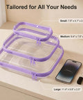 Clear Hard Shell Makeup Pouch Set showing three sizes, transparent with purple zippers, ideal for travel toiletry cases.