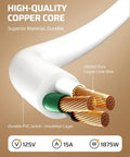 Cross section of One Foot Indoor Extension Cord 14 Gauge Short Flat Plug With 3 Prongs Low Profile Angled 45 Degree Plug SJT Cable