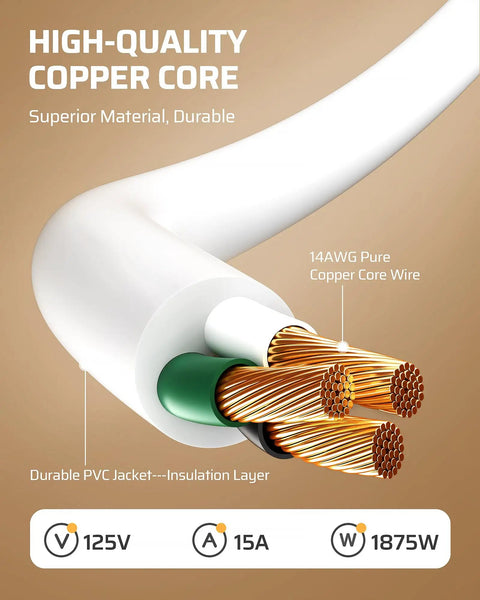 Cross section of One Foot Indoor Extension Cord 14 Gauge Short Flat Plug With 3 Prongs Low Profile Angled 45 Degree Plug SJT Cable