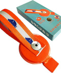Boat trailer surge brake lockout key with orange nylon strap and metal washer.