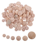 Assorted sizes of Mushroom Head Wood Plugs For Screw Holes Unfinished Button Caps With Easy Press In Installation displayed on white background