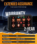 Close-up of beefed up eight gang switch panel with RGB backlight for offroad trucks, marine, IP65 waterproof, warranty text.