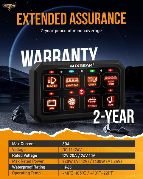 Close-up of beefed up eight gang switch panel with RGB backlight for offroad trucks, marine, IP65 waterproof, warranty text.