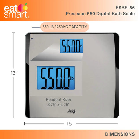 Digital Bathroom Scale 550 Pound Capacity With Extra Wide 15 Inch By 13 Inch Platform Stainless Steel Body Step On Technology Large Backlit LCD Readout Fingerprint Resistant Glass Base shown with dimensions.