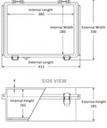 Heavy Duty IP67 Waterproof Junction Box With Hinged Grey Cover dimensions shown in top and side view, sturdy ABS construction for DIY wiring.