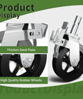 Built Tough Heavy Duty Eight Inch Scaffolding Wheels With Steel Casters And Dual Locking Brakes 1.25 Inch Stem close-up of steel plate and rubber wheels