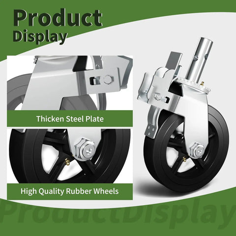 Built Tough Heavy Duty Eight Inch Scaffolding Wheels With Steel Casters And Dual Locking Brakes 1.25 Inch Stem close-up of steel plate and rubber wheels