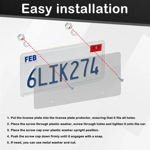 Frameless Clear License Plate Covers 2 Pack For Standard 12x6 US Plates Scratch Resistant UV Shield installation guide with screws