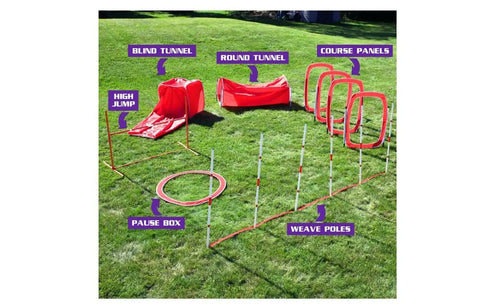 Red Six Piece Dog Agility Training Kit With Weave Poles, Tunnels, Adjustable Jump, Pause Box And Panels on grass setup