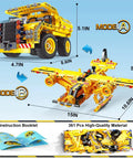 Display of 2 in 1 Truck And Airplane STEM Building Set, 361 Pcs DIY Construction Toys, showcasing dimensions and booklet