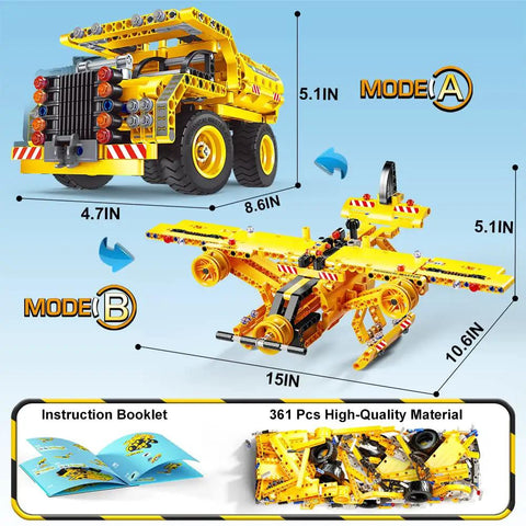 Display of 2 in 1 Truck And Airplane STEM Building Set, 361 Pcs DIY Construction Toys, showcasing dimensions and booklet