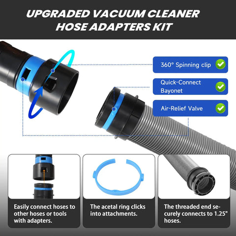 Expandable Vacuum Hose Kit Pro Grade for Home and Shop dust collection showing 360° quick connect bayonet and air-relief valve.