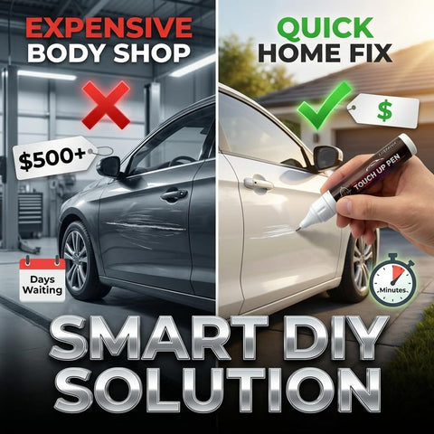 Comparative image showing expensive body shop with cross vs quick home fix with 2 In 1 Pure Black Touch Up Paint Kit in use