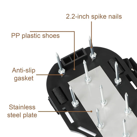 Close-up of Pre Assembled Lawn Aerator Shoes with 26 heavy duty 2.4 inch spikes, stainless steel base, and adjustable straps.