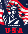 Illustration of the Statue of Liberty with American flag background and text "Proudly Made in USA" emphasizing national pride.