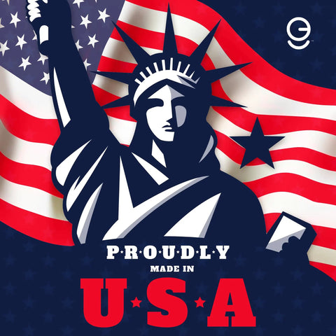 Illustration of the Statue of Liberty with American flag background and text "Proudly Made in USA" emphasizing national pride.