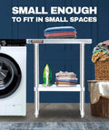 Heavy Duty 30 By 12 Stainless Steel Prep Table With Under Shelf And Rolling Storage Cart The Workhorse For Commercial Kitchens Outdoor Pizza Ovens And Laundry Garage Microwave Stand NSF Certified Rust Resistant next to a washing machine and laundry basket in a utility room.