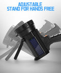Rechargeable Spotlight Flashlight With Solar Panels, 1000 Lumen Beast Outdoor Handheld Light, foldable stand shown