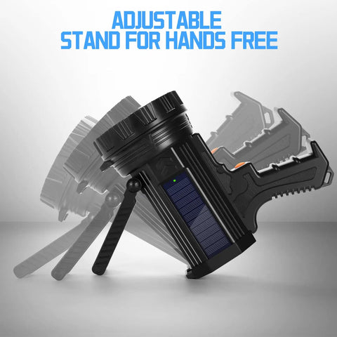 Rechargeable Spotlight Flashlight With Solar Panels, 1000 Lumen Beast Outdoor Handheld Light, foldable stand shown