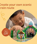Child playing with Portable Wooden Railroad Tabletop Playset With Magnetic Train Cars And Animal Scenery For Toddlers And Preschoolers Age Three Plus Legit Awesome Travel Kit.