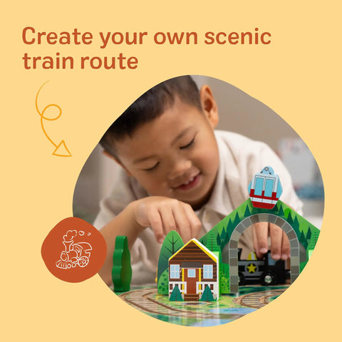 Child playing with Portable Wooden Railroad Tabletop Playset With Magnetic Train Cars And Animal Scenery For Toddlers And Preschoolers Age Three Plus Legit Awesome Travel Kit.